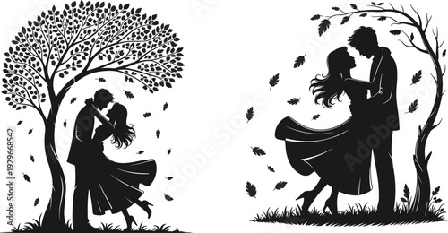 Romantic couple silhouette under autumn trees with falling leaves, elegant love scene illustration, black and white artwork, dancing embrace nature landscape background