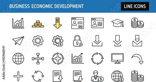 Professional Business Economic Development Icon Collection Featuring Growth Charts Gold Bars Secure Data and Global Finance Symbols