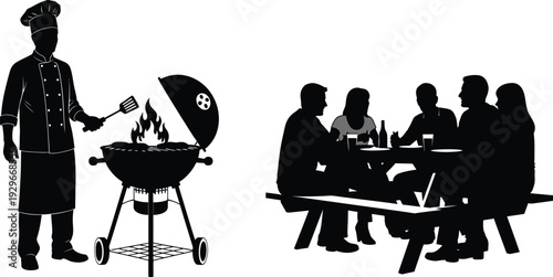 Silhouette of chef grilling food while people dine at outdoor picnic table with barbecue