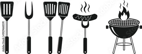 Black silhouette icons of barbecue tools and grill with flames for cooking outdoors