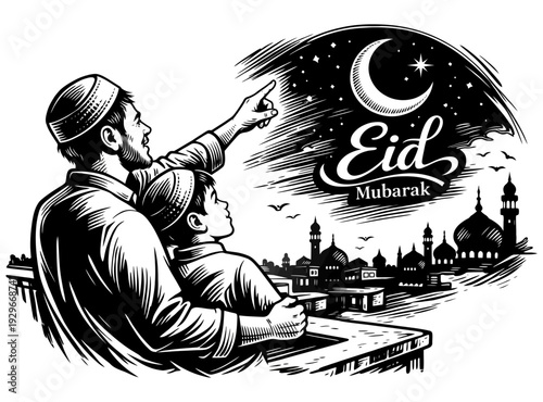 A black-and-white illustration depicting a person in traditional attire, possibly a father, gazing at the moon. The scene is labeled "Eid Mubarak." 