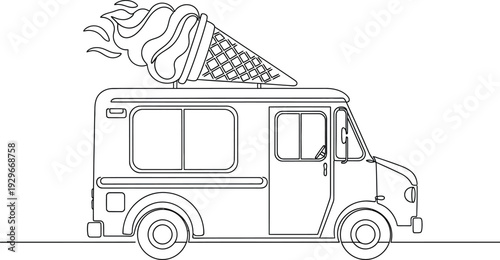 Ice cream truck with giant cone on top driving on road