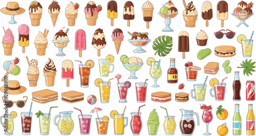 Colorful summer treats and drinks collection ice cream cocktails and desserts
