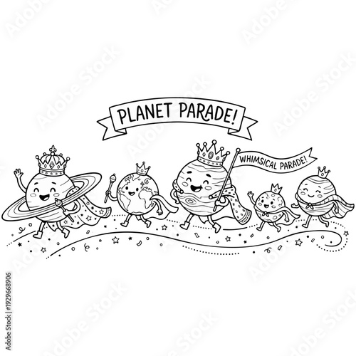Whimsical planet parade with smiling celestial bodies in crowns