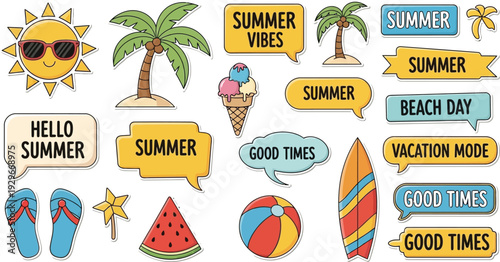 Colorful summer stickers with beach and vacation themes including palm trees sunglasses sun flip flops and good times text bubbles on white background
