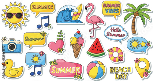 Colorful summer stickers with beach and vacation themes including flamingos ice cream and sunglasses