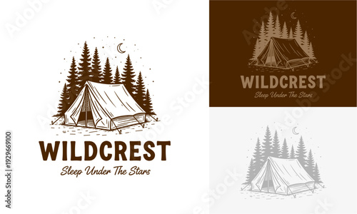Camping illustrations showcasing tents surrounded by forest trees under a starry night sky