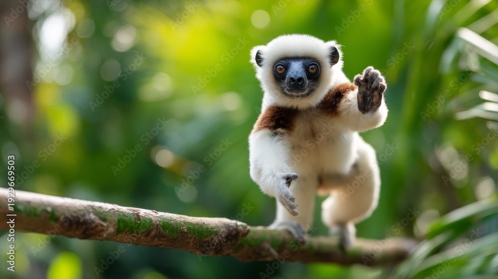 Naklejka premium Lemur Leaping Gracefully Across a Branch in a Lush Green Jungle Setting