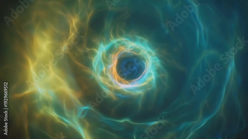 Abstract ethereal smoke vortex, swirling teal and gold energy tunnel, mystical nebula gas clouds spiraling in deep space, cinematic motion background