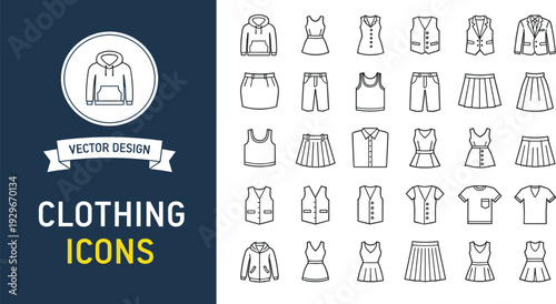 Professional Clothing Icon Vector Set Featuring Hoodies Tailored Blazers Vests and Pleated Skirts for E-commerce