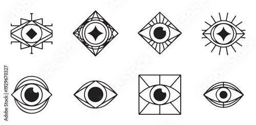 Set of abstract line art eye symbols with geometric frame elements