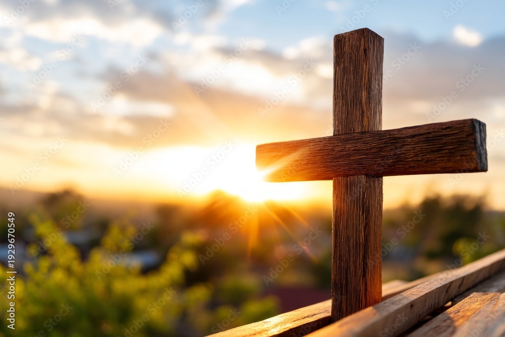Fototapeta premium Wooden Cross Silhouette Against Beautiful Sunset Background with Love
