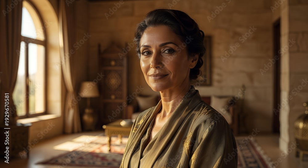 Fototapeta premium Mature Woman in Warm Sunlit Interior Portrait