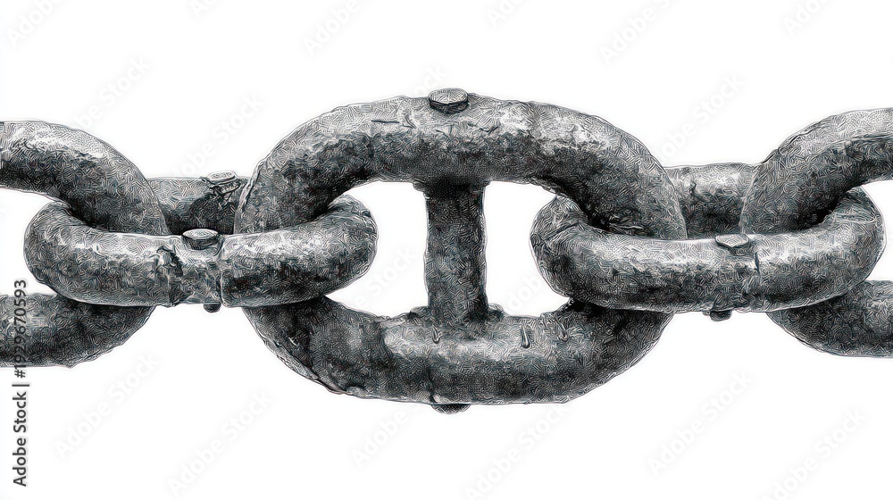 Fototapeta premium Close up of a weathered metal chain against a clean white background