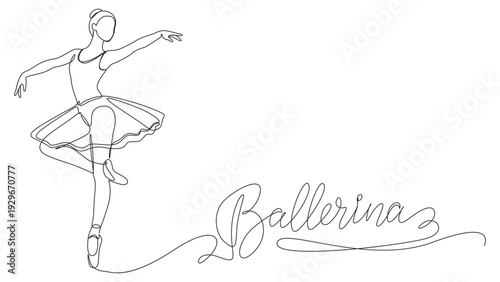 Elegant Ballerina Dancer One Line Drawing, Graceful Ballet Pose with Script Text