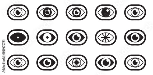 Minimalist eye icons inside rounded rectangular frames for interface and navigation designs