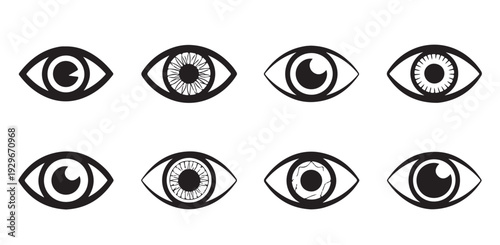 Symmetrical eye vector set featuring realistic iris textures and classic eyebrow silhouettes