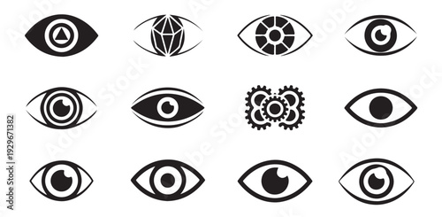 Modern and abstract eye symbols featuring geometric shapes, gears, and optical illusions