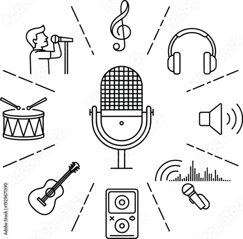 Music and Audio Line Icons with Microphone, Singer, Headphones, Guitar, Drum and Speaker Vector Set