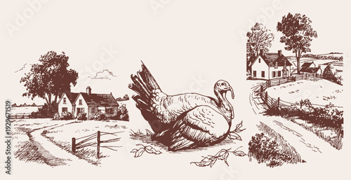 Country village scenes and turkey farm animal set. Cozy houses, fences and poultry illustration. Graphic for food packaging or farming design. Rustic pencil drawn illustration drawing style.