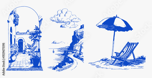 Coastal arch cliff road umbrella seaside blue sketch. Hand illustrated mediterranean travel scenery with architecture and sea views. Summer postcard elements.