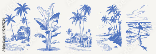 Sunny island bungalow vintage hand drawn crayon sketch. Line drawing shows banana plant, surfboards, wooden house and surfer by ocean. Retro coastal vacation scene.