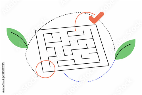 Maze with correct path showing decision trace and AI agent solving problem with checkmark. Concept for solution, optimization. Vector illustration icon