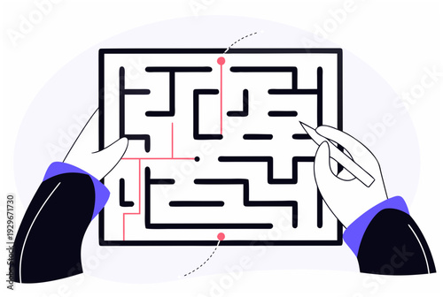 Hands holding a maze with a red path and a pencil highlighting the solution. Decision trace and AI agent concept. Vector illustration