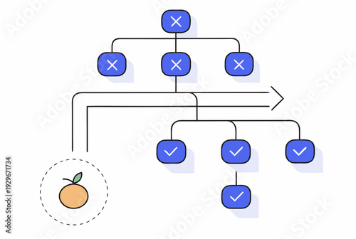 Decision trace ai agent illustration for process analysis. Diagram of connected nodes with check and cross marks. Vector illustration for concept design
