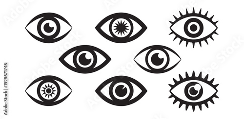 Stylized eye illustrations with sunburst pupil and long lashes for artistic brand concepts