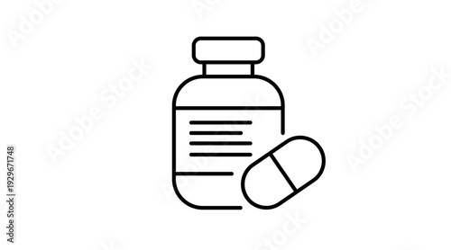 Clean black line vector icon of a supplement bottle with a pill, representing vitamins, nutrition, fitness products, health care, and sports supplements. Minimalist and modern design ideal for apps, w