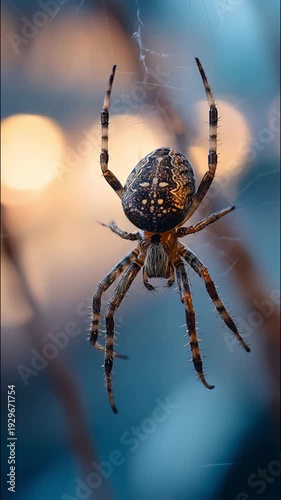 Detailed view of a spider on its web, showcasing unique patterns against a soft, illuminated bokeh background