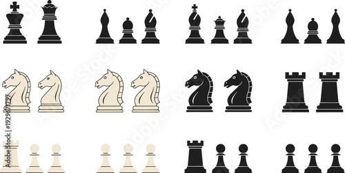 Chess Pieces Collection Set with Black and White King, Queen, Rook, Bishop, Knight and Pawn Vector