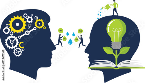 Knowledge Sharing and Creative Idea Growth Concept with Human Head Silhouettes, Gears and Lightbulb Plant Vector