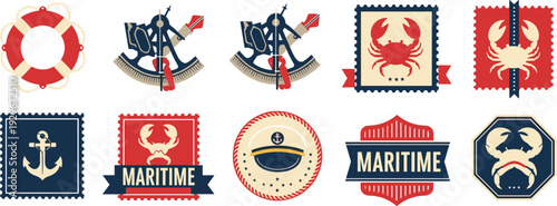 Vintage Maritime Postage Stamp Badges Set with Crab, Anchor, Lifebuoy and Marine Emblems Vector