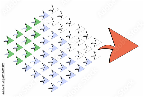 Dynamic agent swarm of artificial intelligence propelling towards a main red arrow, AI agent concept technology. Vector illustration