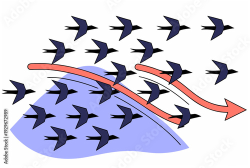 Agent swarm of birds navigating movement with guidance paths over an obstacle concept. Artificial intelligence agent vector illustration