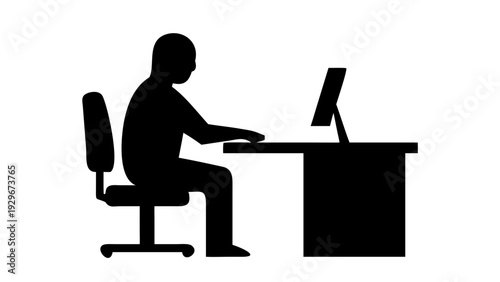 Ilustração em vetor de silhueta de mulher empresária sentada à escrivaninha de escritório trabalhando no laptop e digitando no computador PC