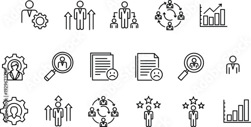 Human Resources and Performance Management Icons Set, Employee Evaluation, Leadership, Recruitment, Career Growth and Analytics Line Vector Collection Isolated