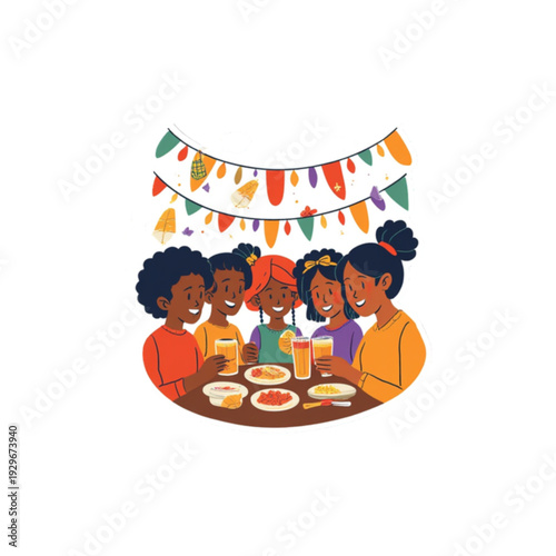 Joyful gathering of diverse friends sharing food and drinks at a festive celebration, embodying happiness and community spirit with colorful decorations