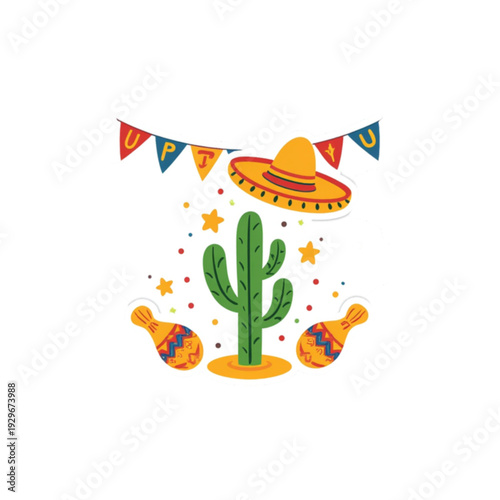 Festive Mexican Fiesta Celebration with Cactus, Sombrero, and Maracas for a Lively Party