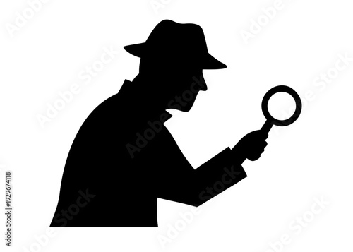 Ilustração em vetor do perfil da silhueta de um homem de negócios de chapéu e naipe segurando uma lupa como um empresário em busca de detalhes
