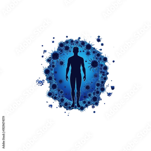 Abstract representation of a human silhouette engulfed by a viral outbreak, symbolizing disease, infection, and the body's battle for health and immunity