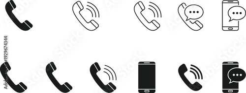Phone and Communication Line Icons Set with Call Receiver, Incoming Outgoing Calls, Chat Message, Smartphone and Contact Symbols Vector Collection