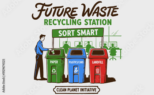 Recycling station illustration. Man sorts waste: paper, plastics, cans, landfill. Future waste management, clean planet initiative, sort smart.