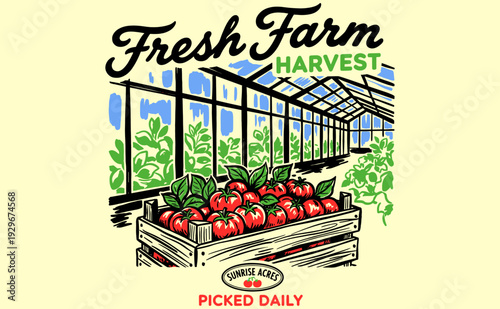 Eat well live well. Tomatoes local farm. Red Tomatoes vintage design. Organic vegetable farm artwork for t-shirt, poster, sticker.