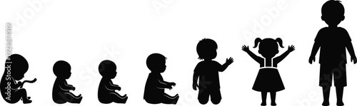 Human Development Silhouette Illustration Featuring Growth Stages from Fetus to Childhood Depicted in Black Vector Style Representing Life Concept