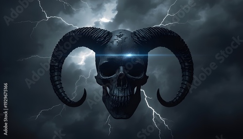 A dark and ominous skull with ram horns set against a stormy background with lightning