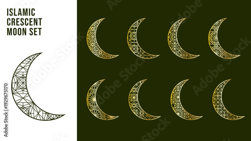 A set of Islamic crescent moon illustrations with intricate geometric patterns on a dark green and white background