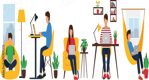 Flat Design Remote Work Character Set Featuring People Working on Laptops in Cozy Home Office Environments, Hammocks, and Bean Bags for Freelance Business